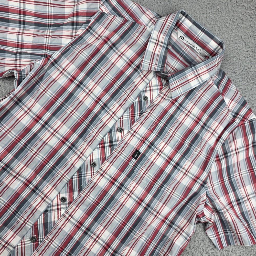 TravisMathew Button Down Shirt Mens Large Red Gray Plaid Short Sleeve Golf - Picture 1 of 12